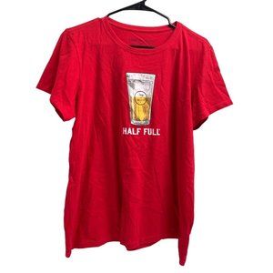 Life Is Good Womens Size L Red Shirt Tee Tshirt Glass 1/2 Full Short Sleeve Half